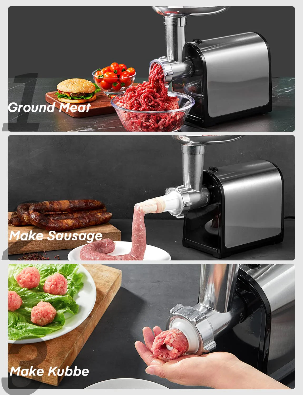 HOUSNAT 3 in 1 Meat Grinder with 2 Blades and 3 Plates