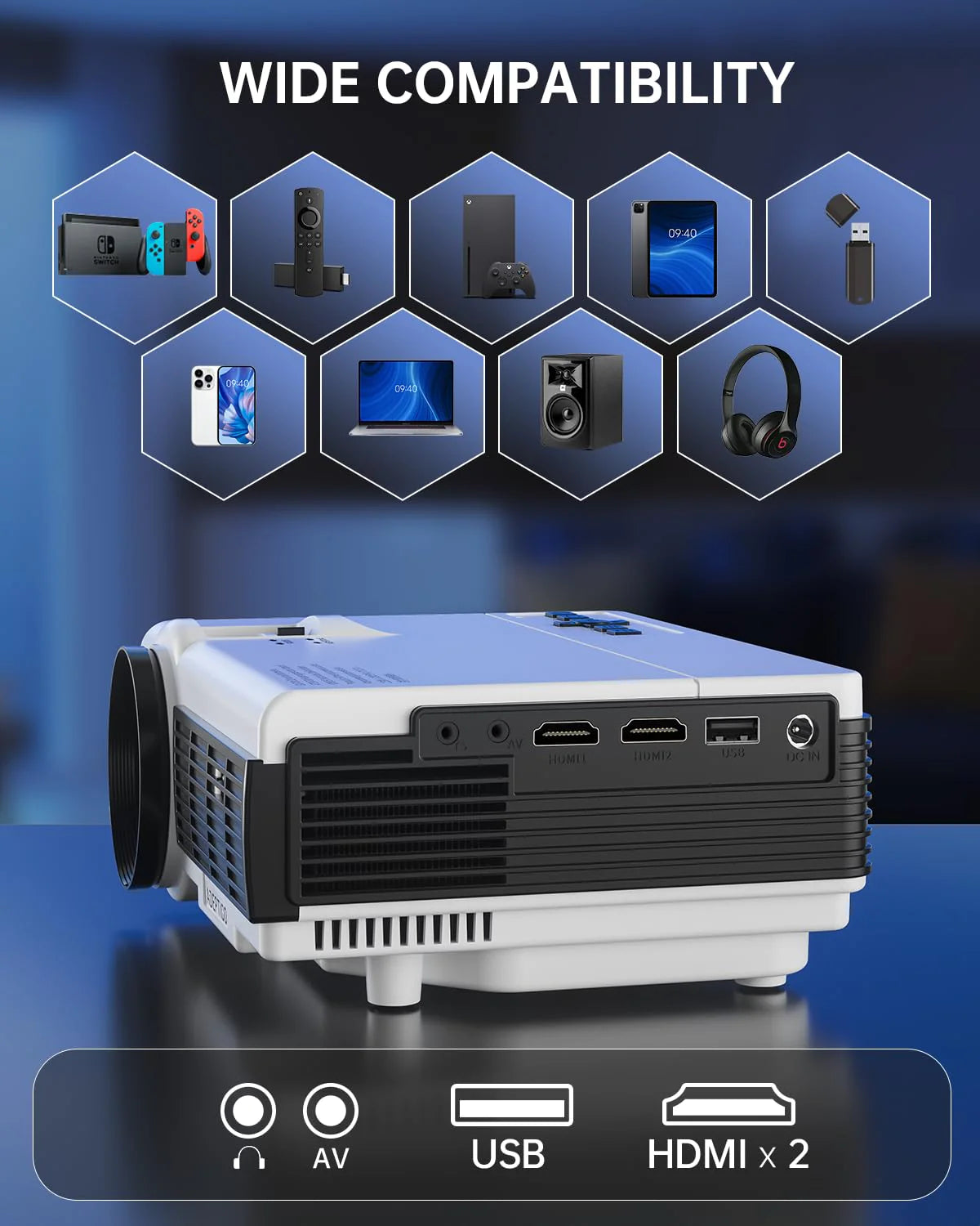 Adeptico 1080P Projector with WiFi and Bluetooth