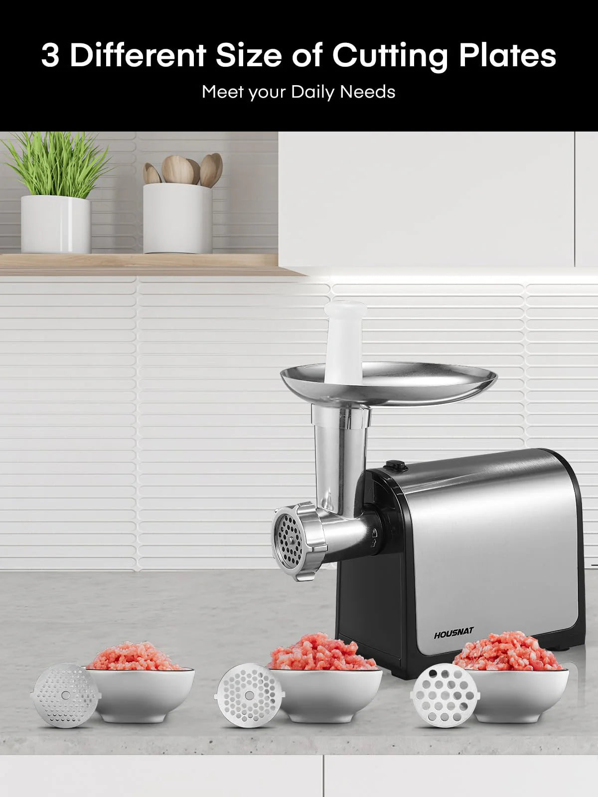 HOUSNAT 3 in 1 Meat Grinder with 2 Blades and 3 Plates