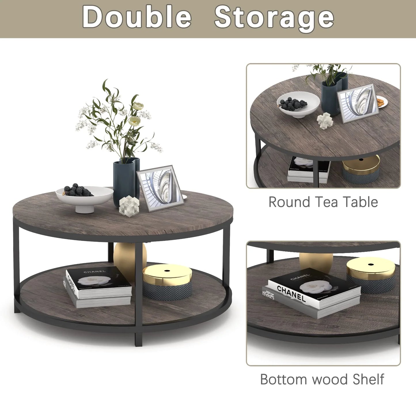 NSdirect Round Coffee Table, 36" Coffee Table for Living Room