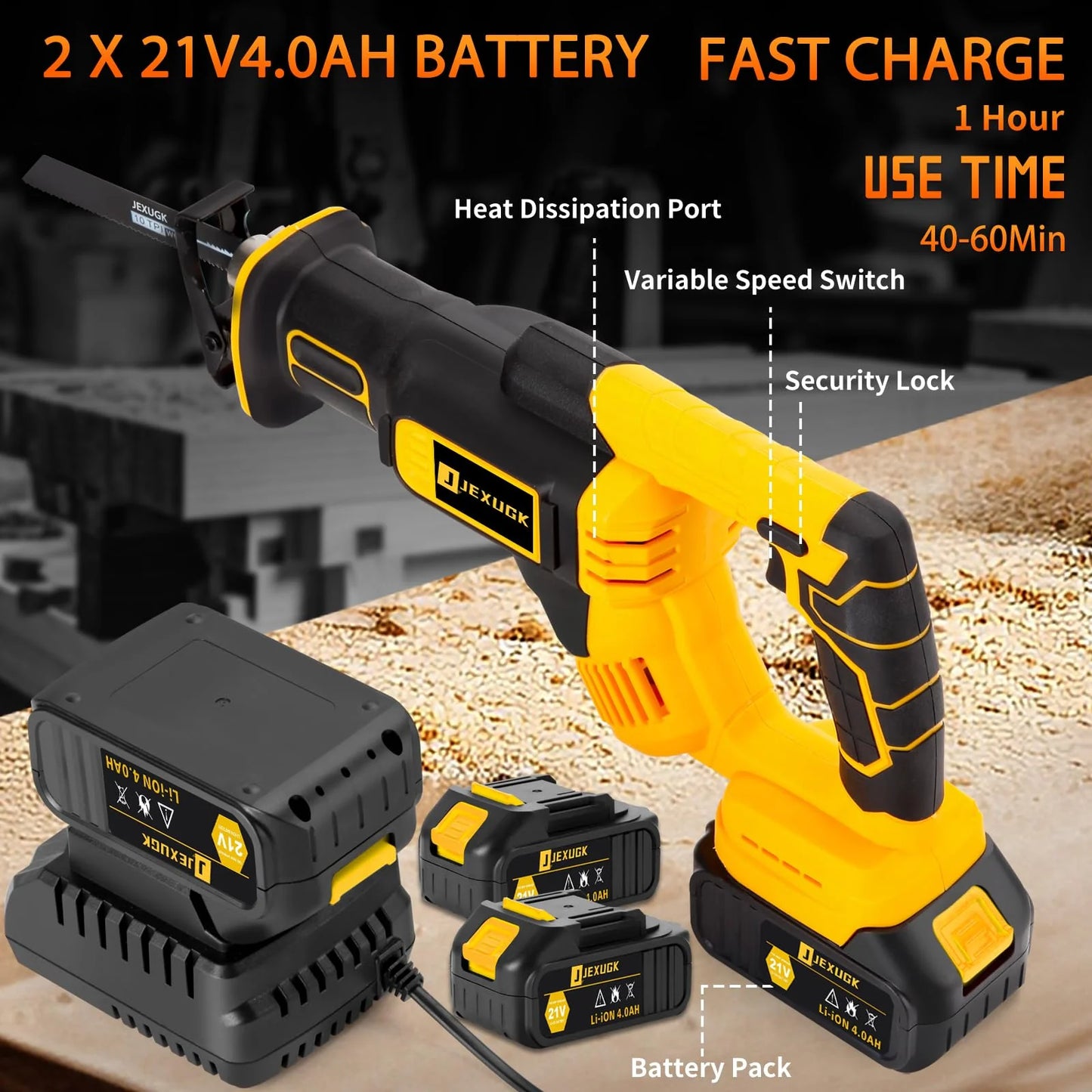 JEXUGK 21V 2 x 4.0Ah Battery Brushless Power Cordless Saw