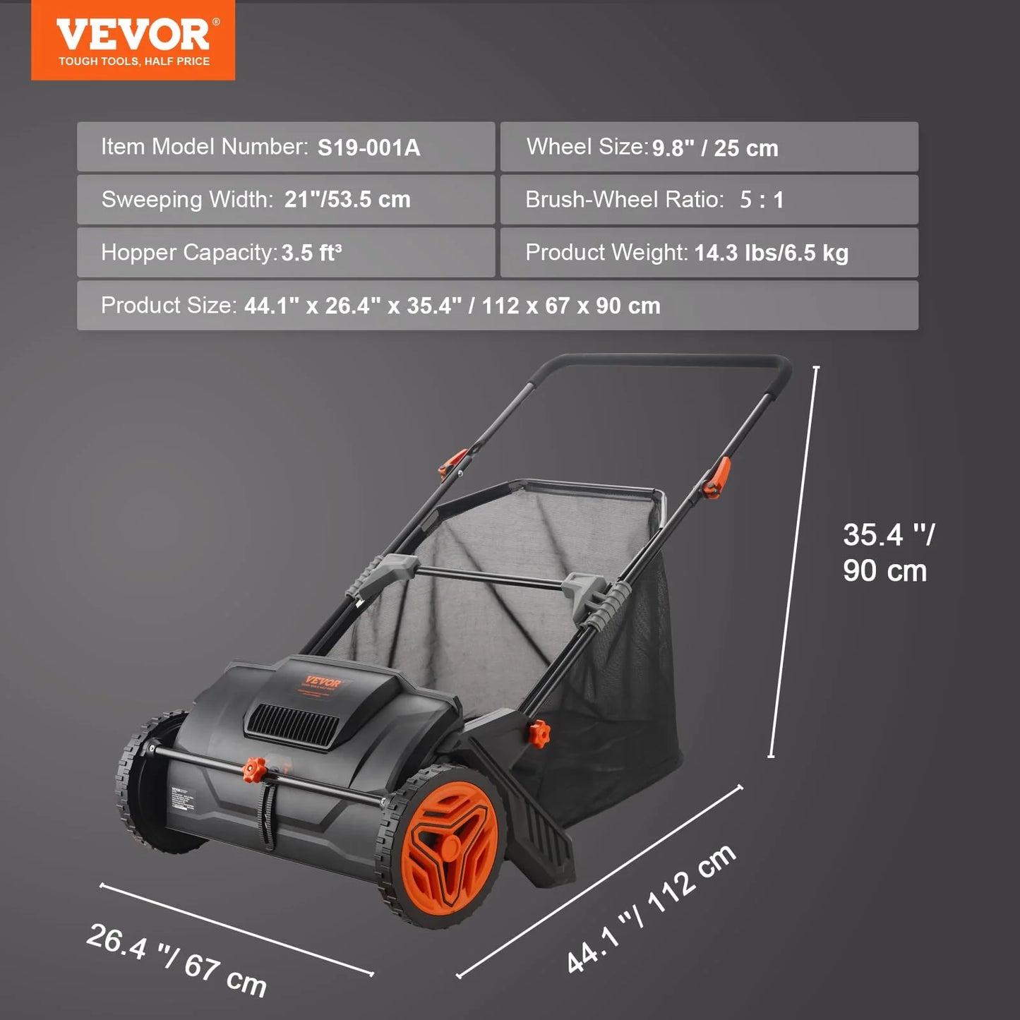 VEVOR Push Lawn Sweeper, 21 Inch Leaf & Grass Collector