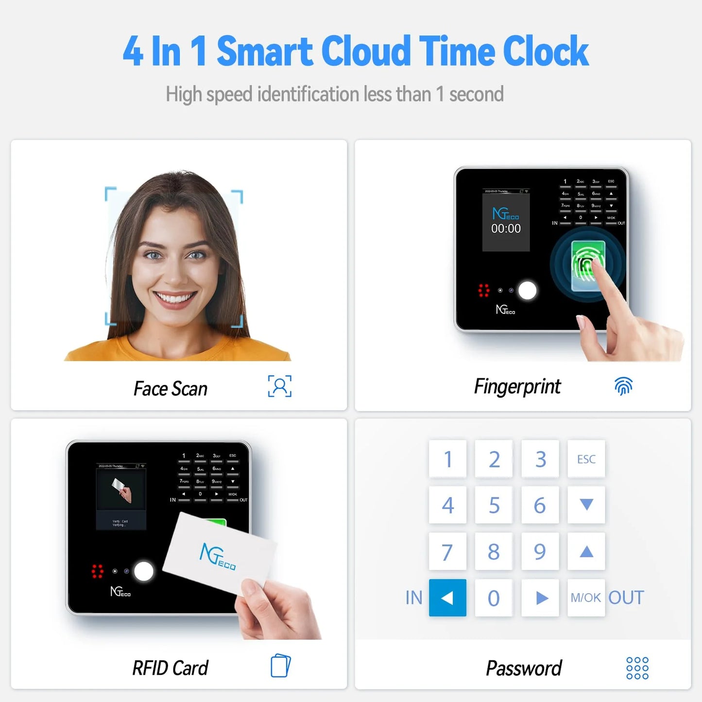 NGTeco Cloud Time Clock, WiFi Time Clocks with Face, Finger Scan