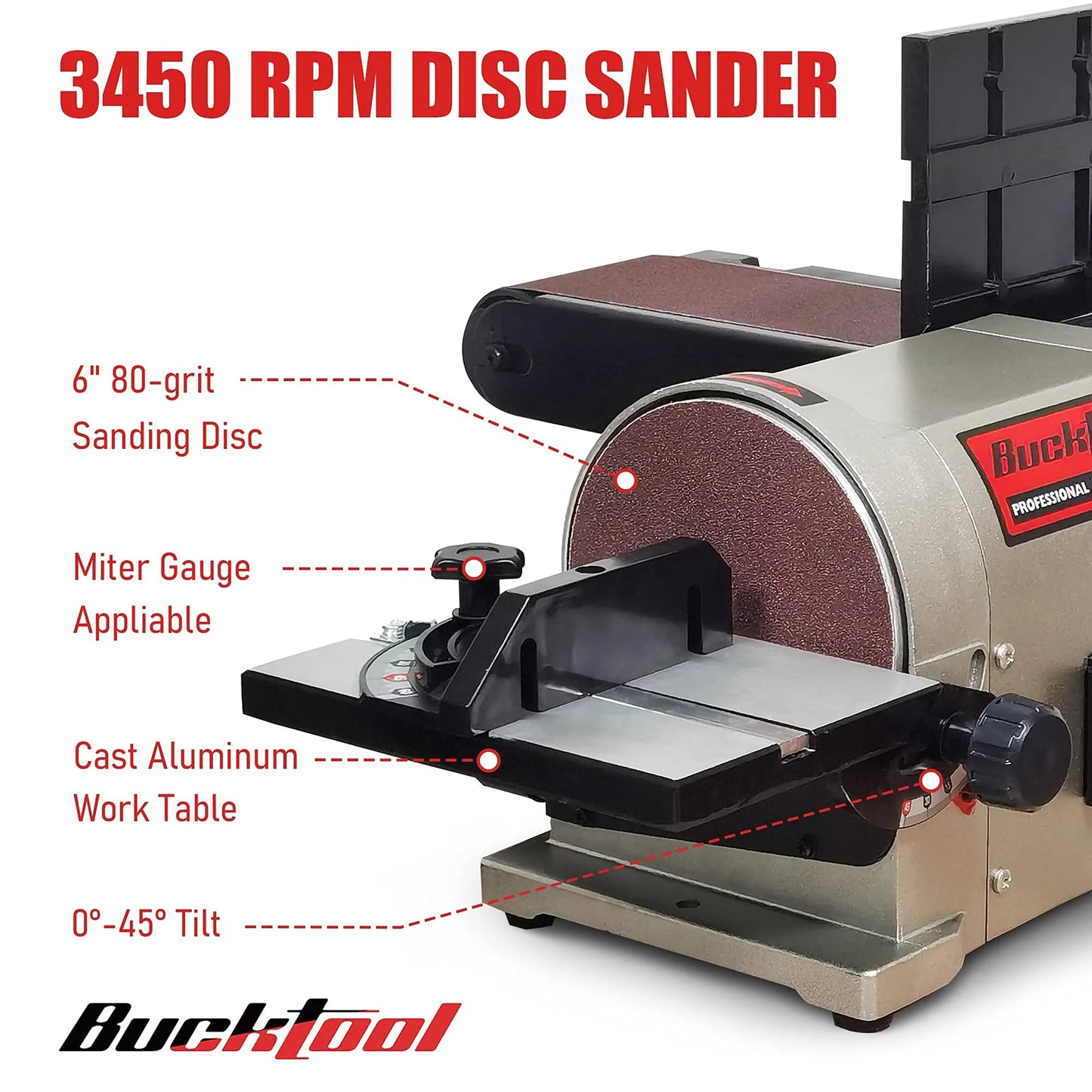 BUCKTOOL 5.0A Belt Disc Sander with 3/4HP Direct-drive Motor