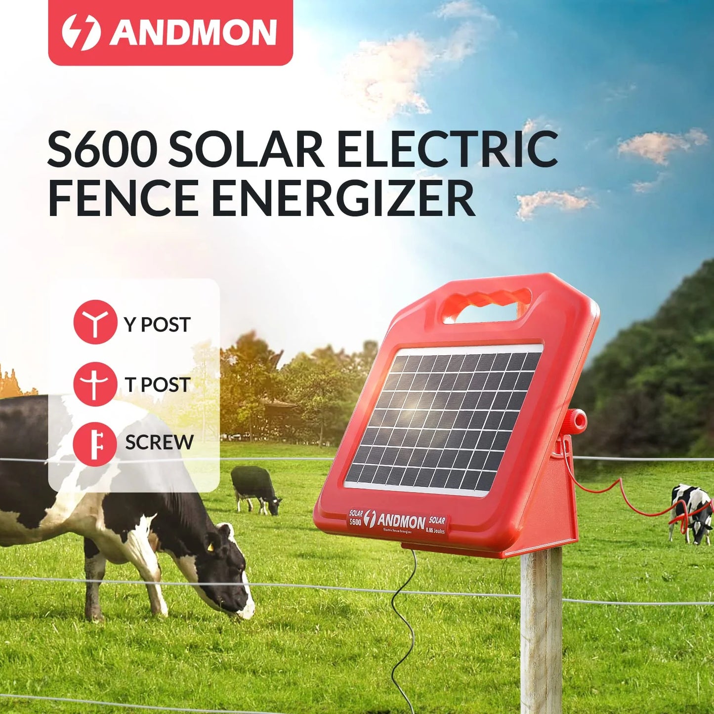 ANDMON 30 Miles Solar Fence Charger with Dual Input