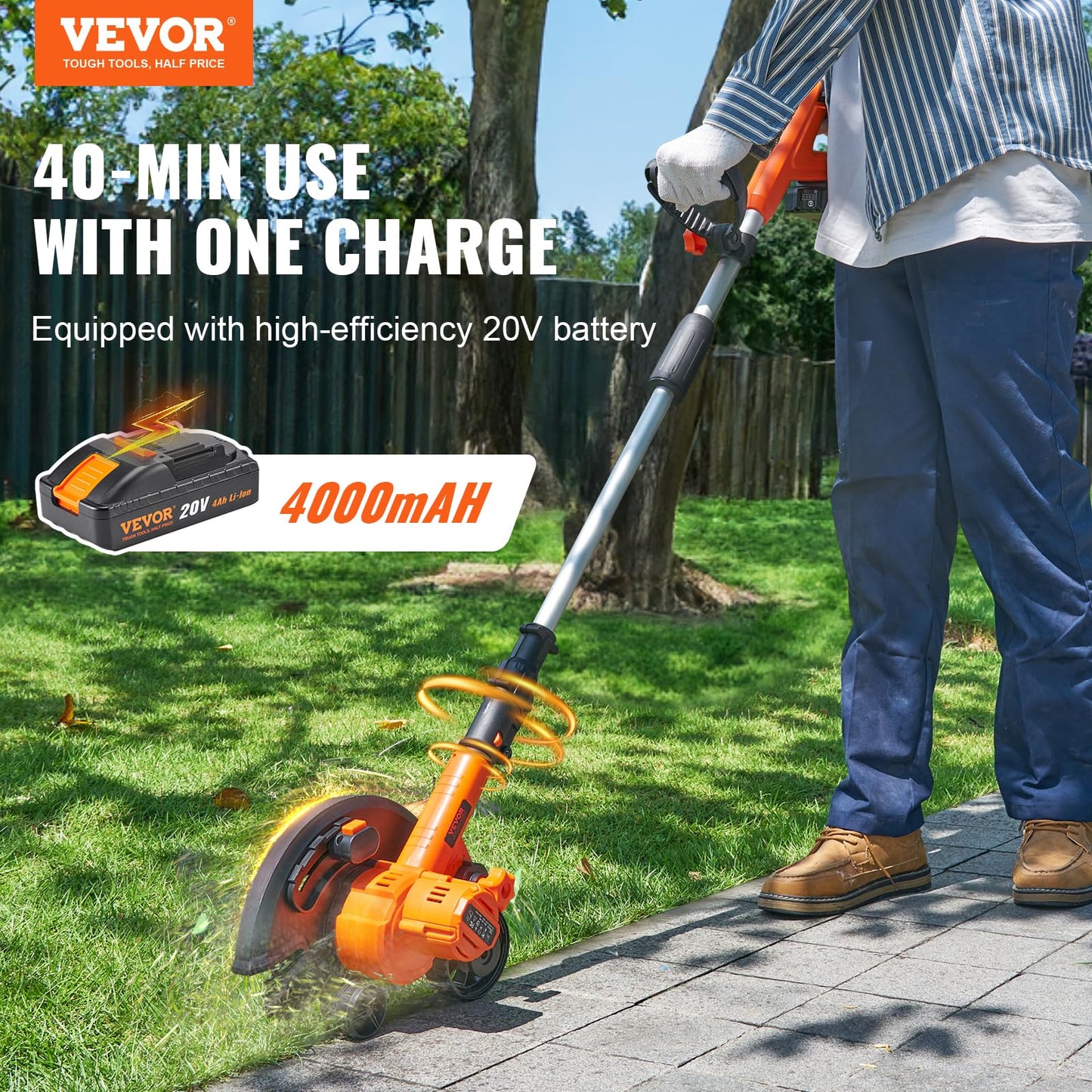 VEVOR Lawn Edger, 20V Battery Powered Cordless Edger