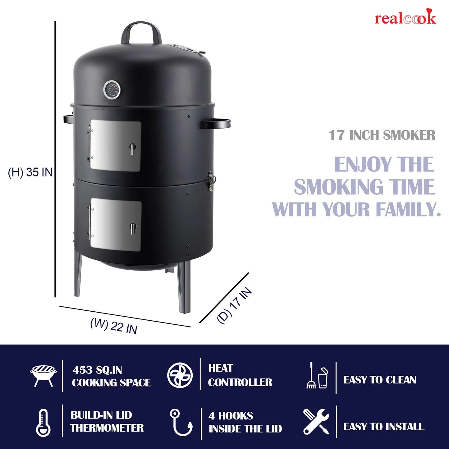 Realcook Vertical 17 Inch Steel Charcoal Smoker