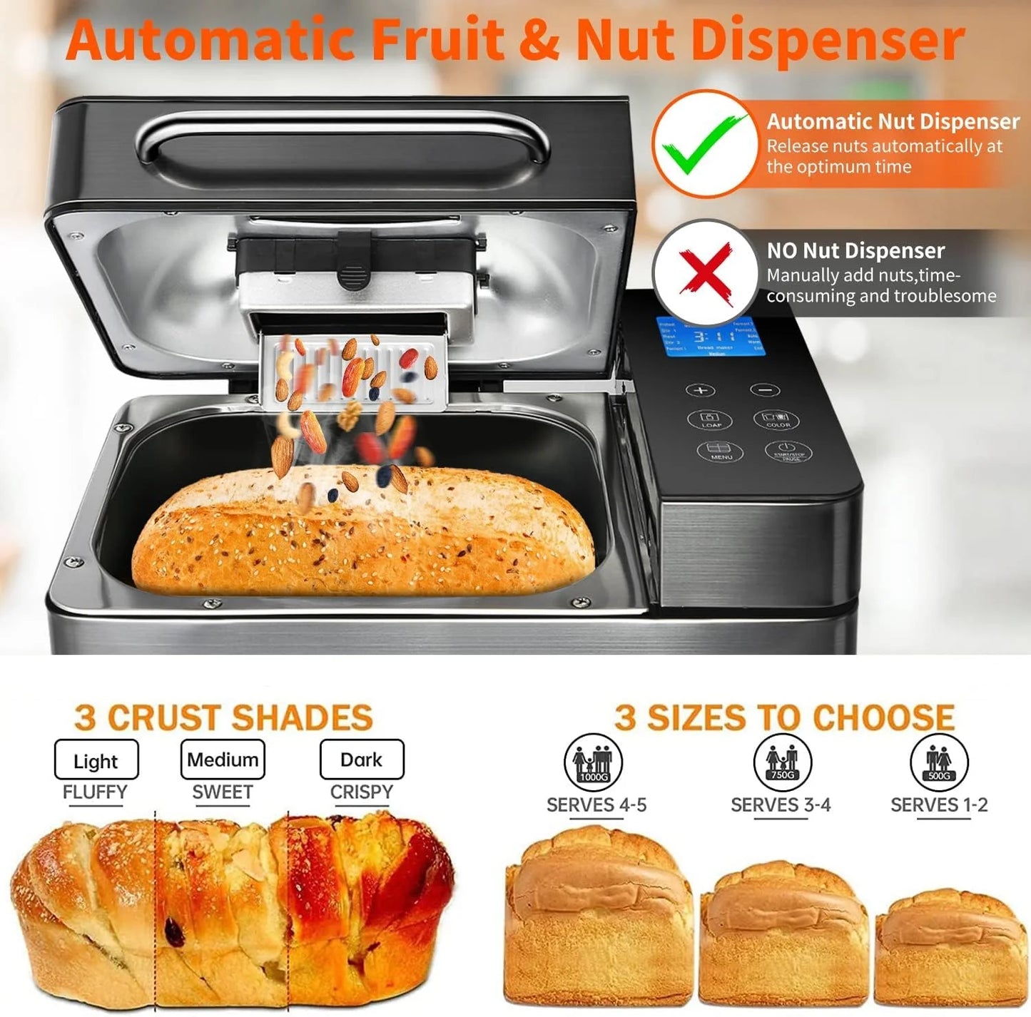 KBS 17-in-1 Stainless Steel Bread Machine with Dual Heaters