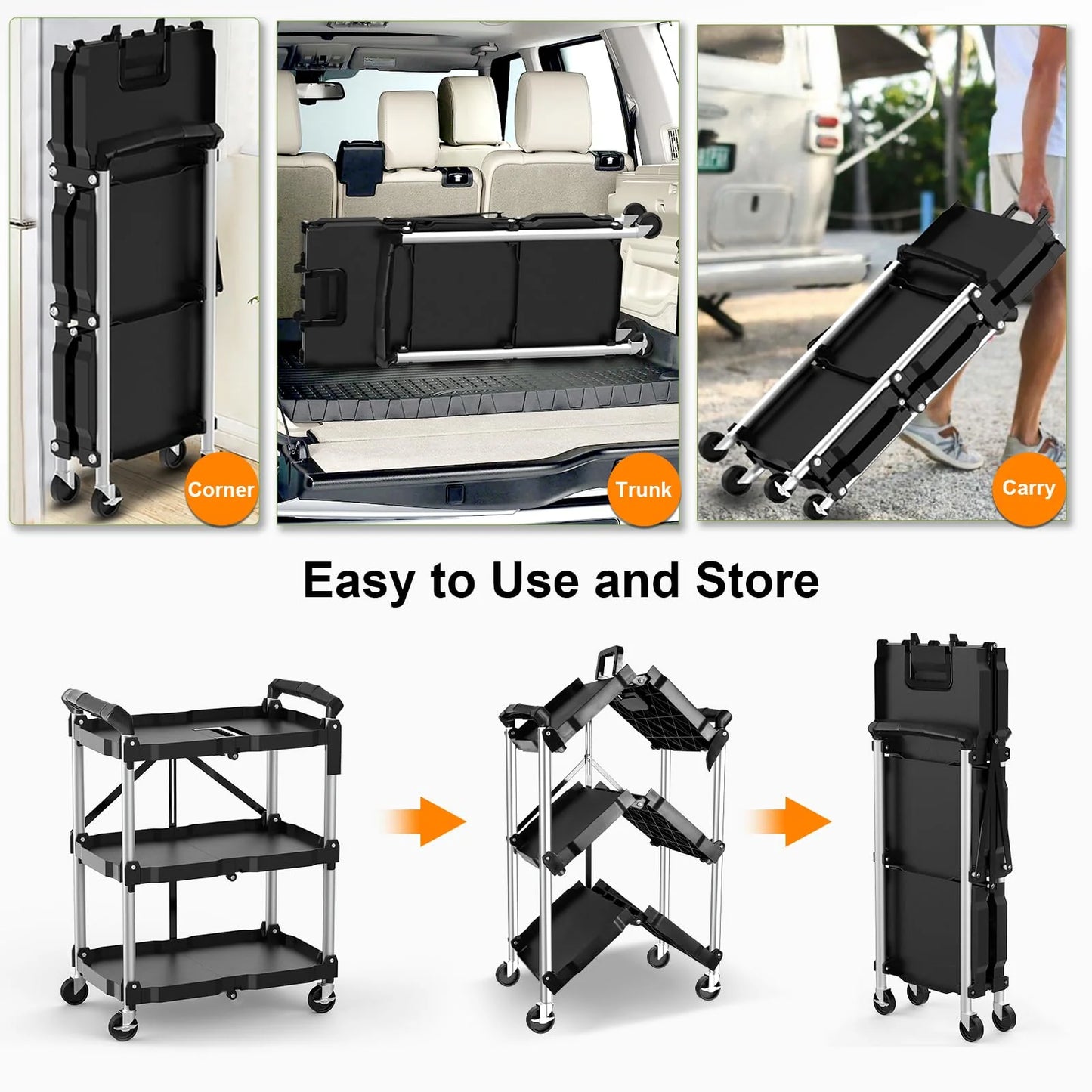 Himix 3 Tier Portable Folding Utility Rolling Tool Cart