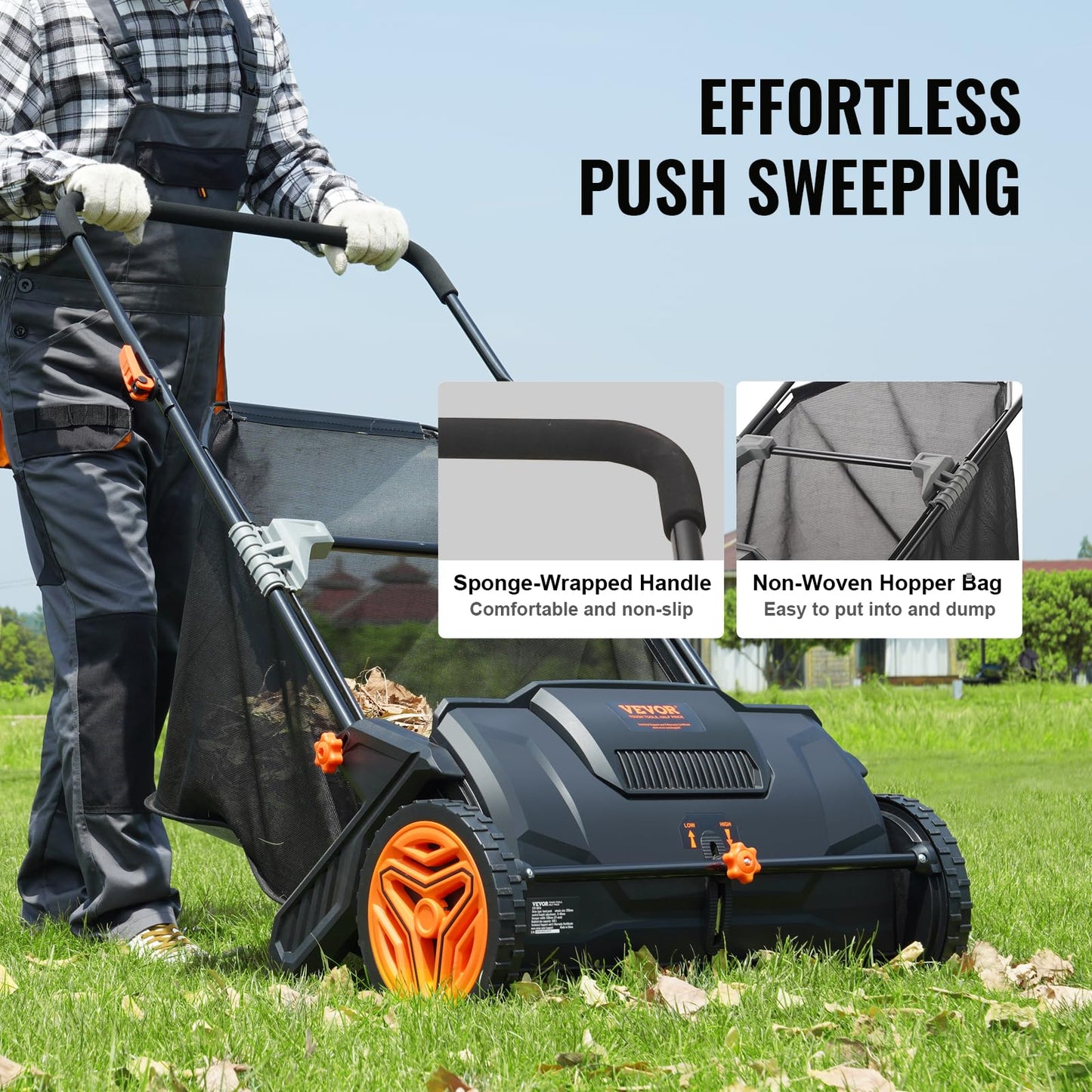 VEVOR Push Lawn Sweeper, 21 Inch Leaf & Grass Collector