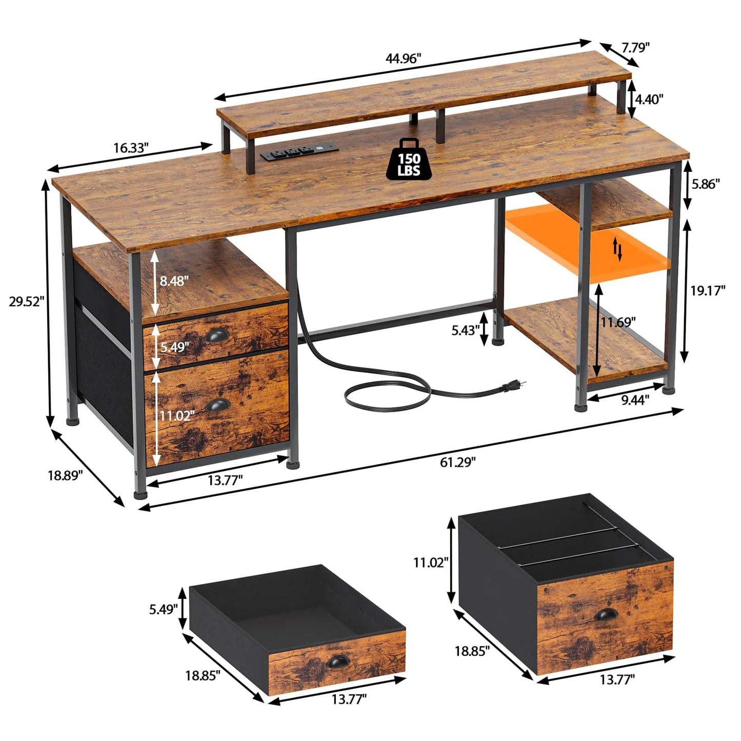 Furologee 61" Computer Desk with Power Outlet and USB Ports