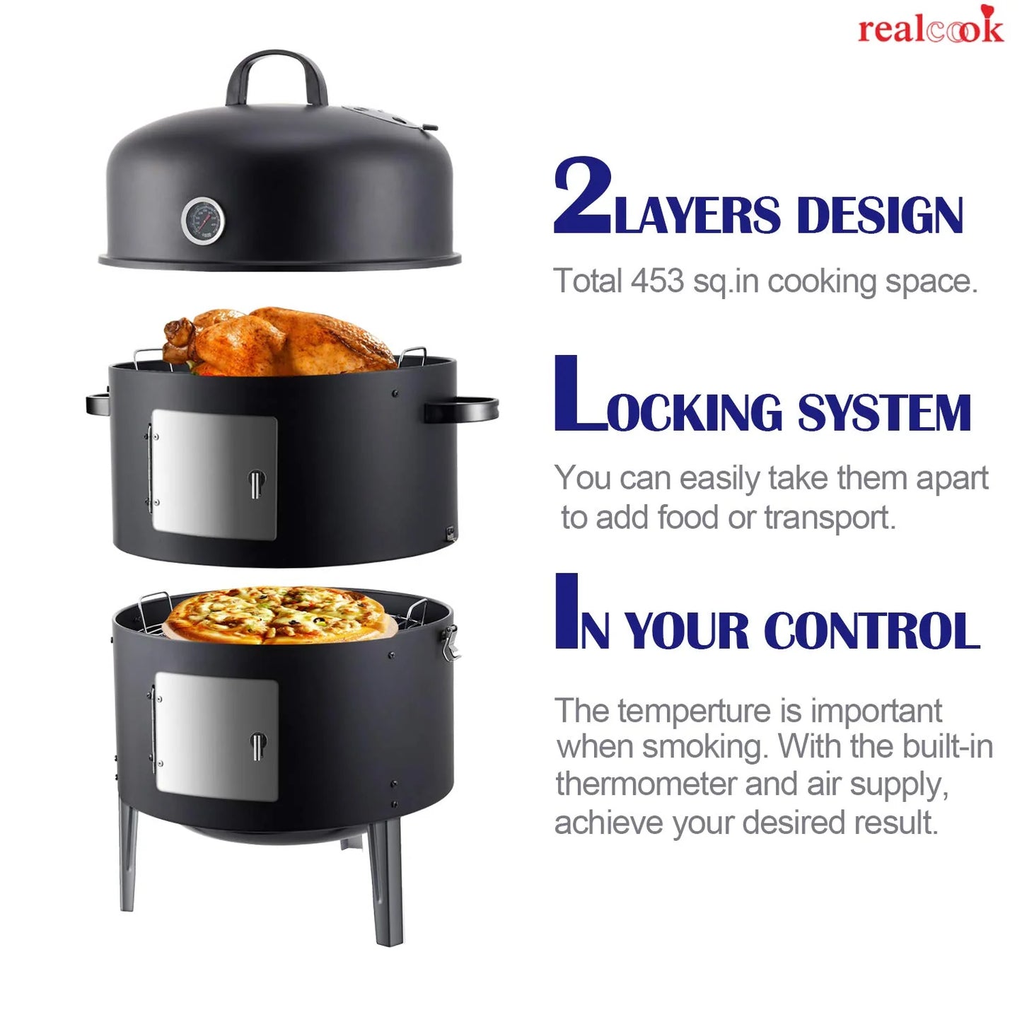 Realcook Vertical 17 Inch Steel Charcoal Smoker