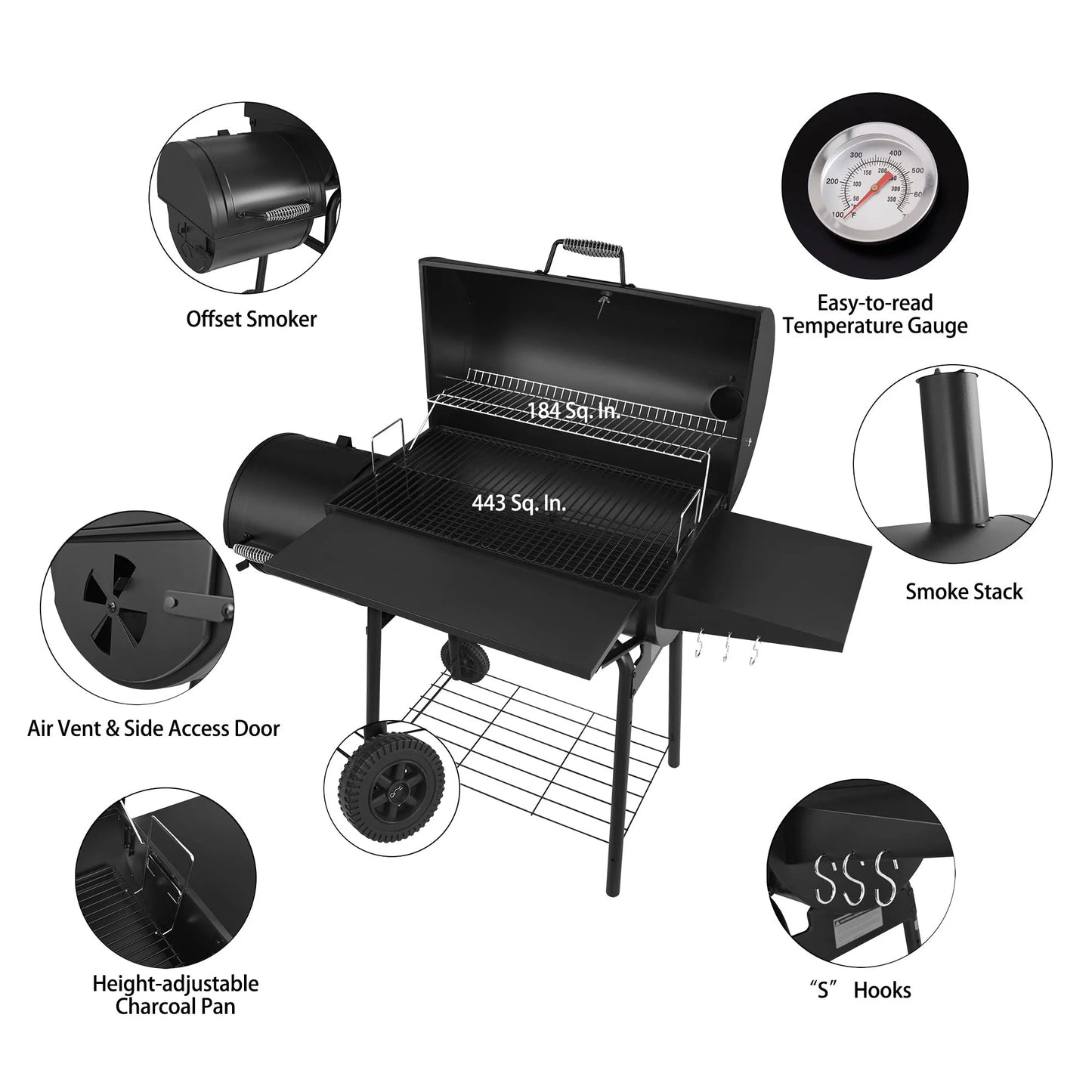 Royal Gourmet Charcoal Grill Offset Smoker with Cover