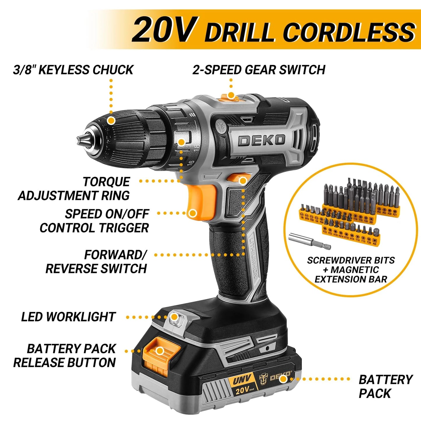 DEKOPRO Cordless Drill Tool Kit Set