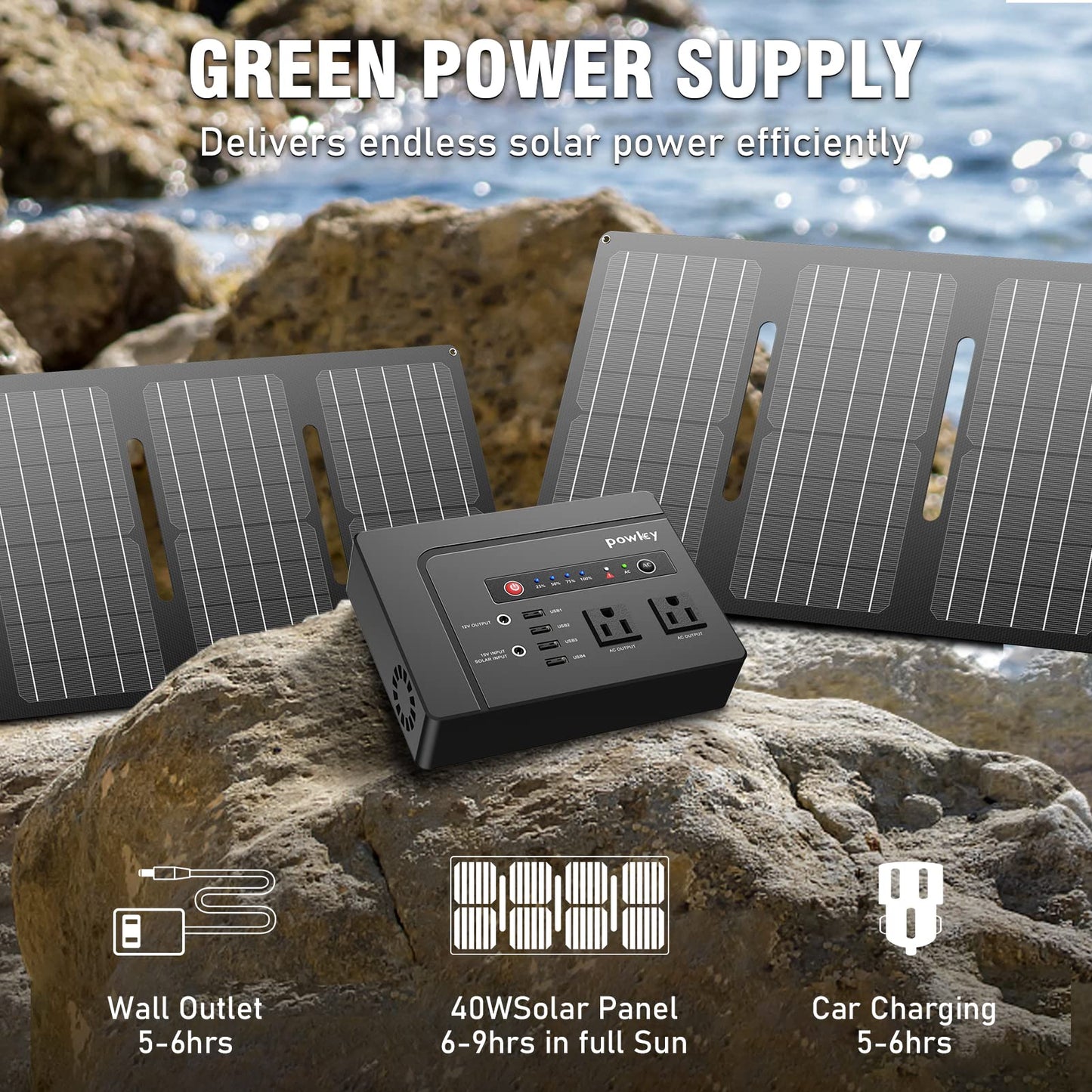 Powkey 146Wh/200W Outdoor Solar Generator with Panel