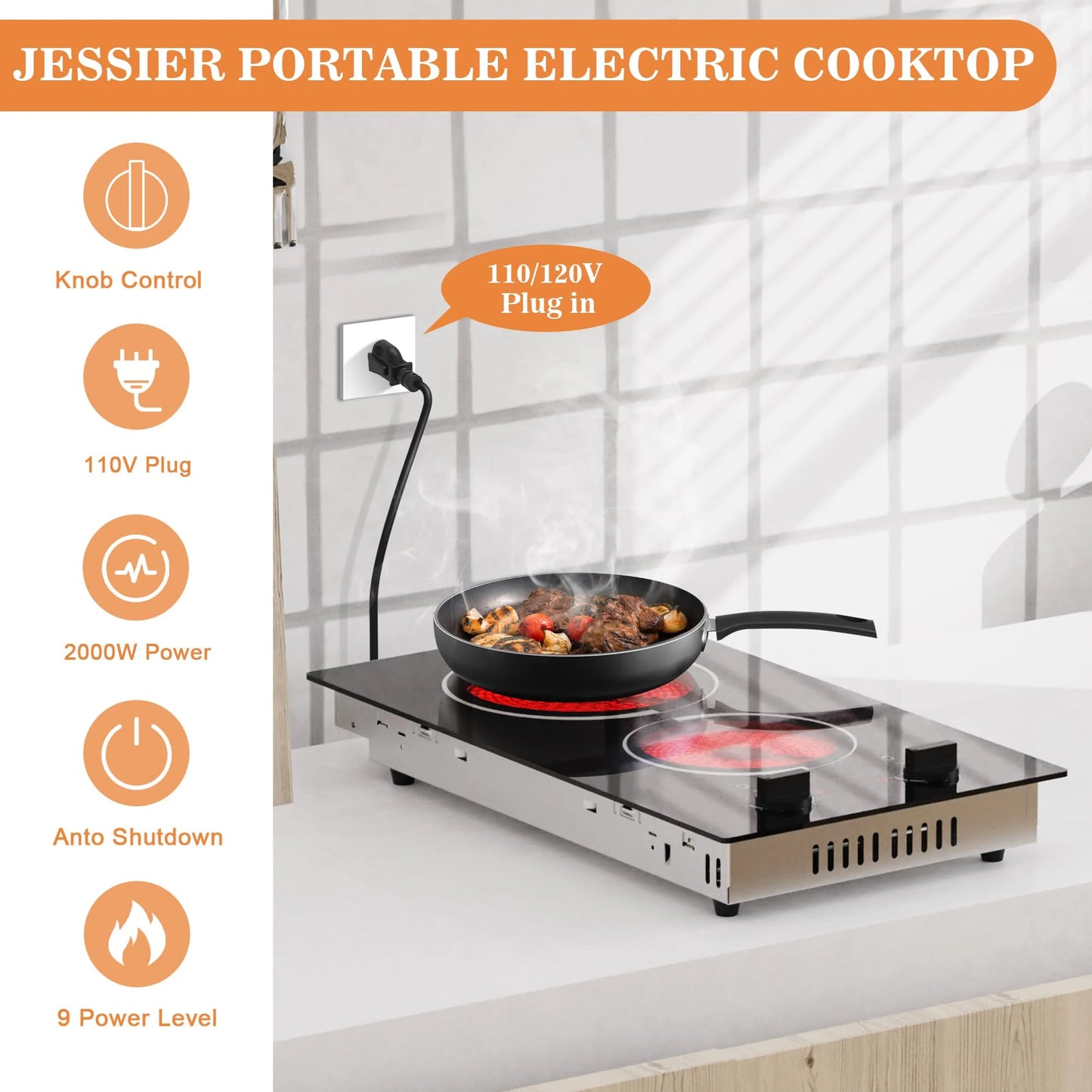 Jessier Portable 110V Electric Cooktop with 2 Burner Plug in