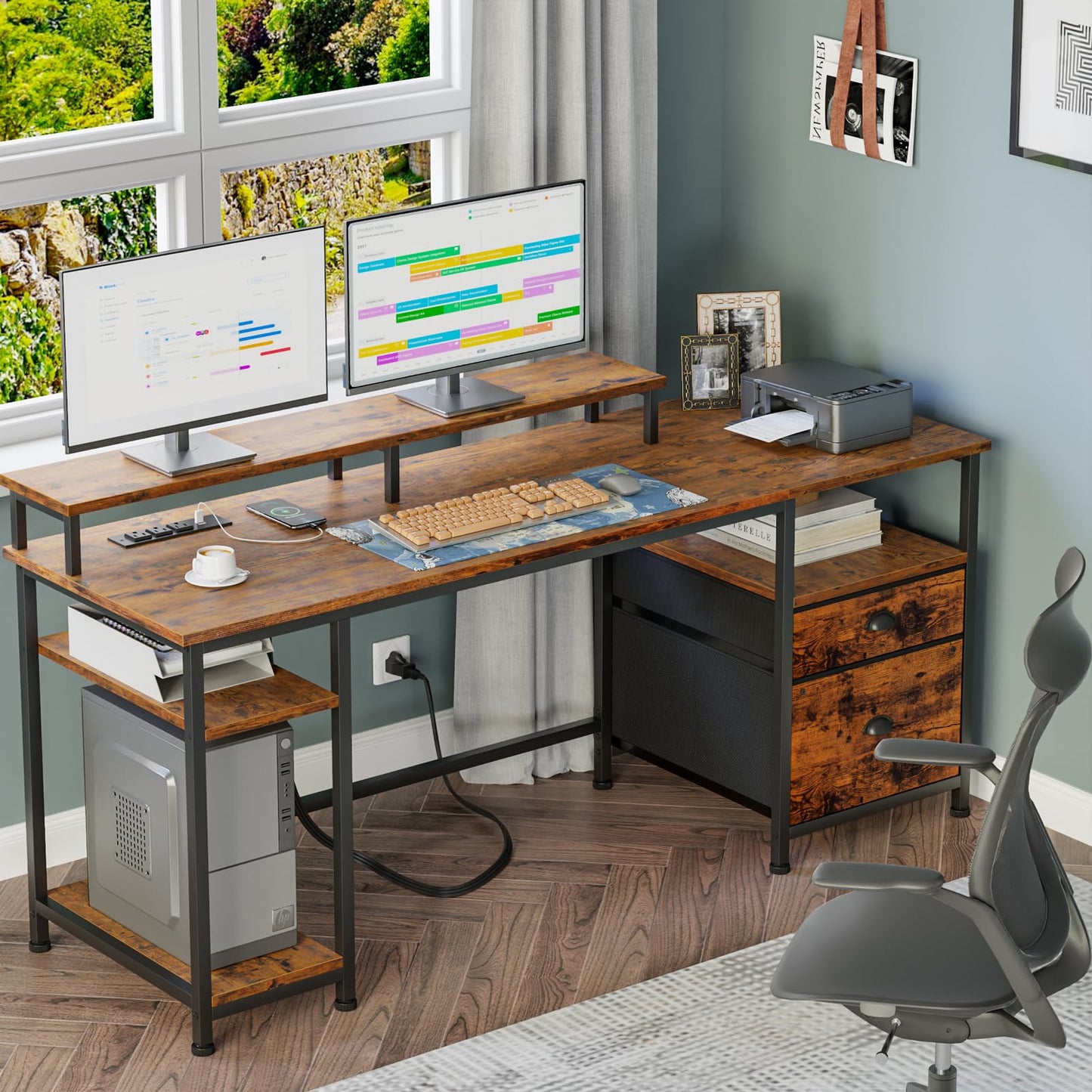 Furologee 61" Computer Desk with Power Outlet and USB Ports