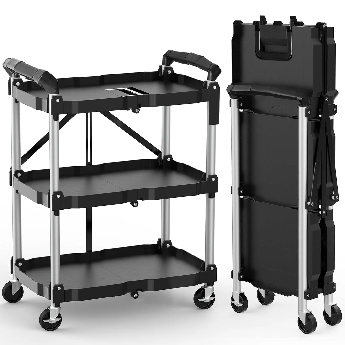 Himix 3 Tier Portable Folding Utility Rolling Tool Cart