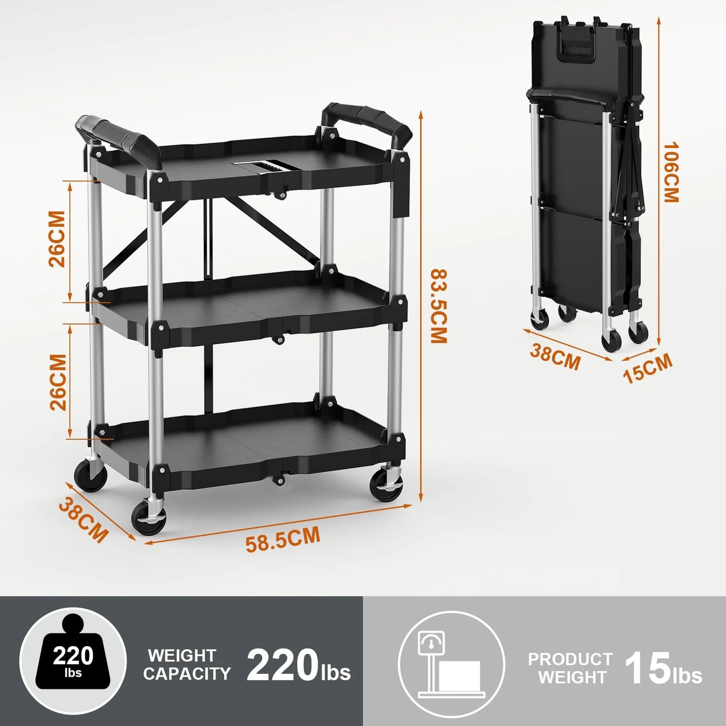 Himix 3 Tier Portable Folding Utility Rolling Tool Cart