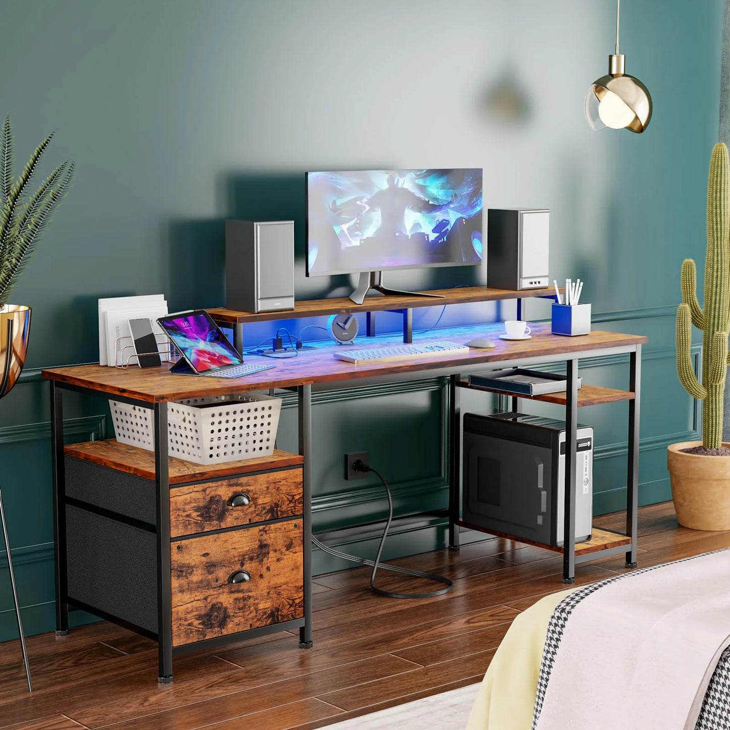 Furologee 61" Computer Desk with Power Outlet and USB Ports