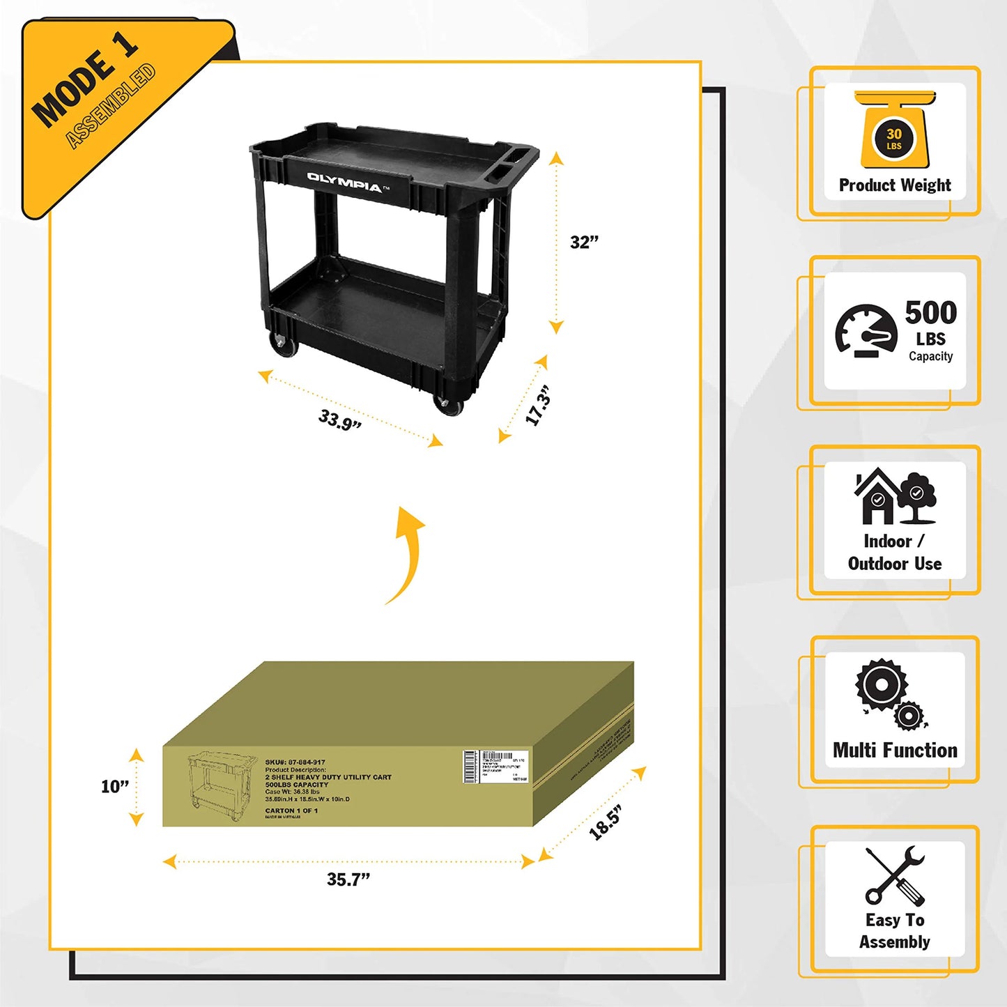 Olympia Tools 2 Shelf Black Rolling Utility Cart