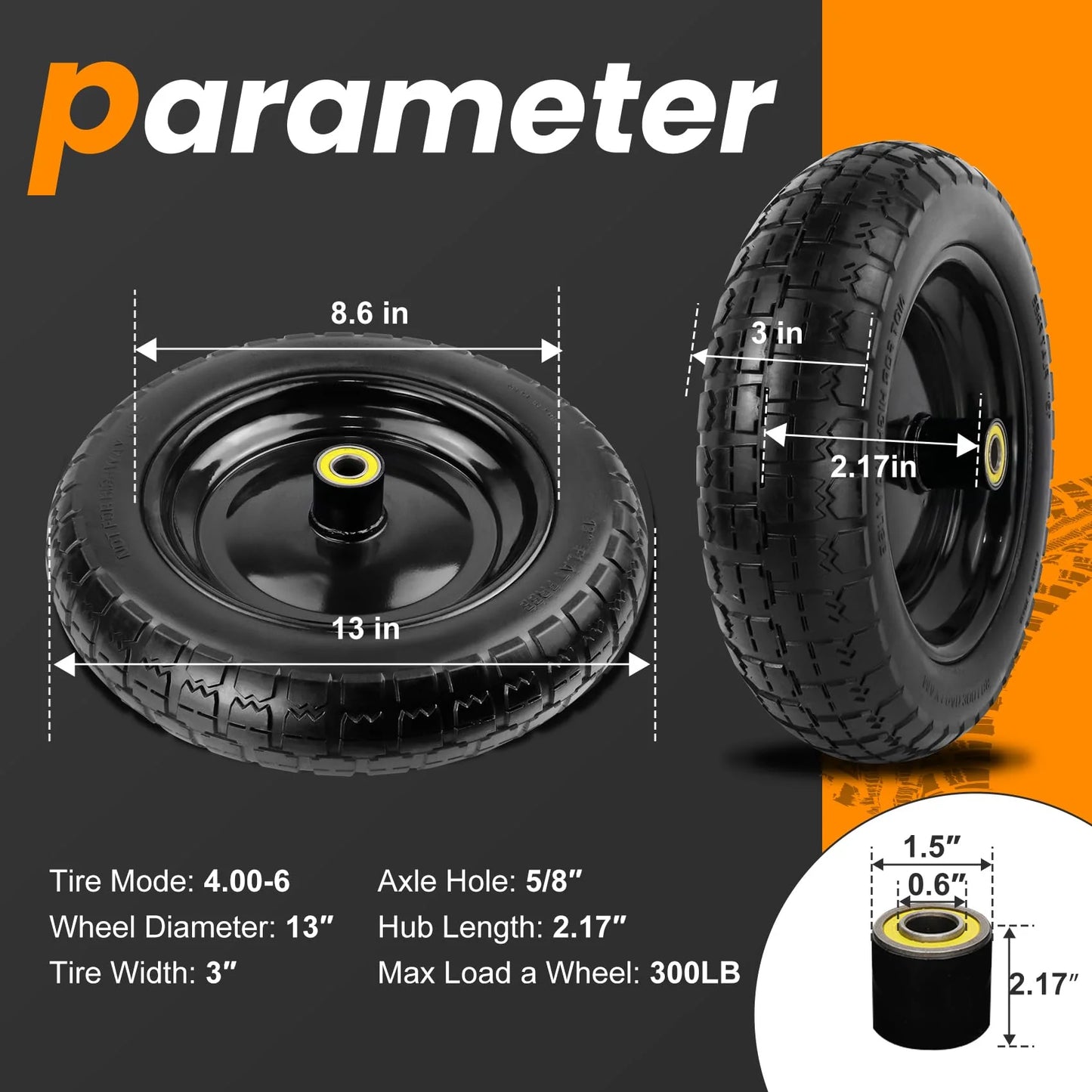 Pontuss 13" Flat Free Wheels Replacement for GOR Garden Cart