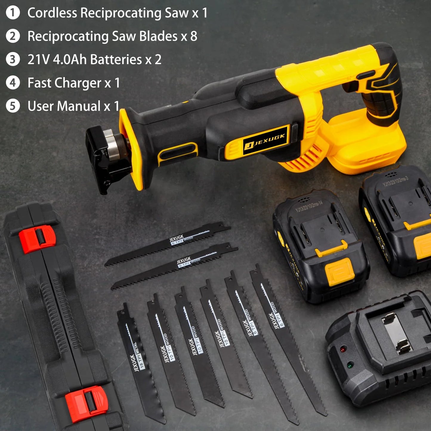 JEXUGK 21V 2 x 4.0Ah Battery Brushless Power Cordless Saw