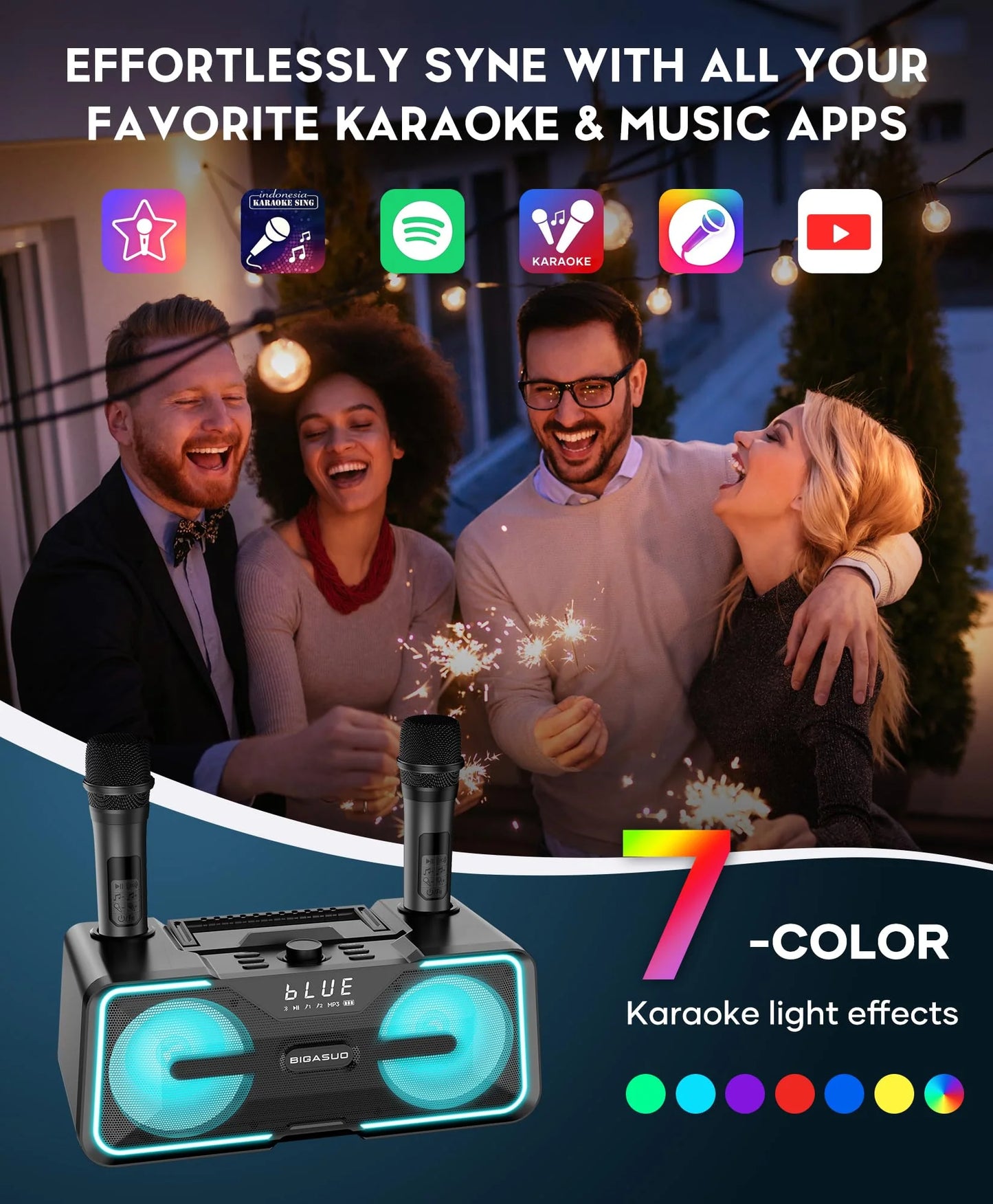 BIGASUO Karaoke Machine with 2 Wireless Microphones